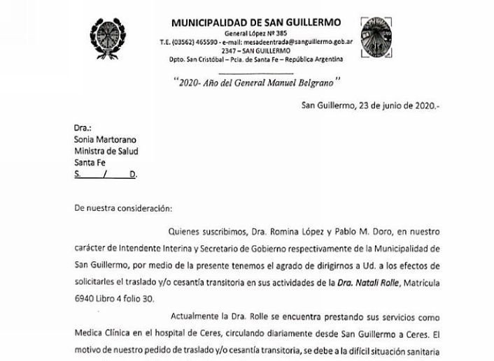 En este momento estás viendo La Municipalidad de San Guillermo pidió el traslado de una médica que trabaja en el hospital Ceres