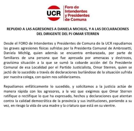 Lee más sobre el artículo Fuerte apoyo de la UCR y otras fuerzas politicas a Dianela Michlig, agredida este miercoles en la Comuna de Ambrosetti