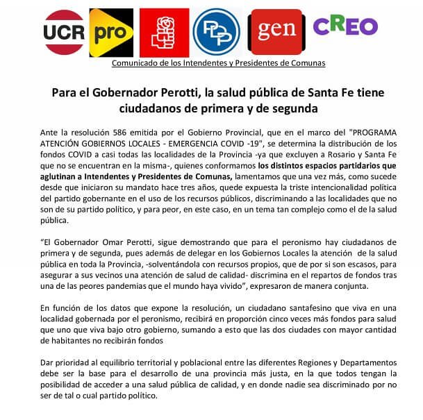 Lee más sobre el artículo Duro documento de la oposición contra Perotti por los fondos COVID