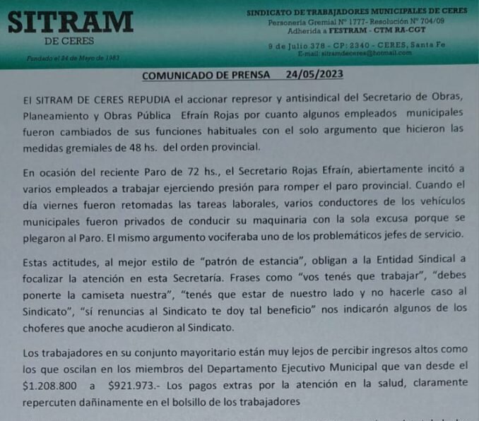 Lee más sobre el artículo Duro comunicado del SITRAM contra la secretaria de obras públicas