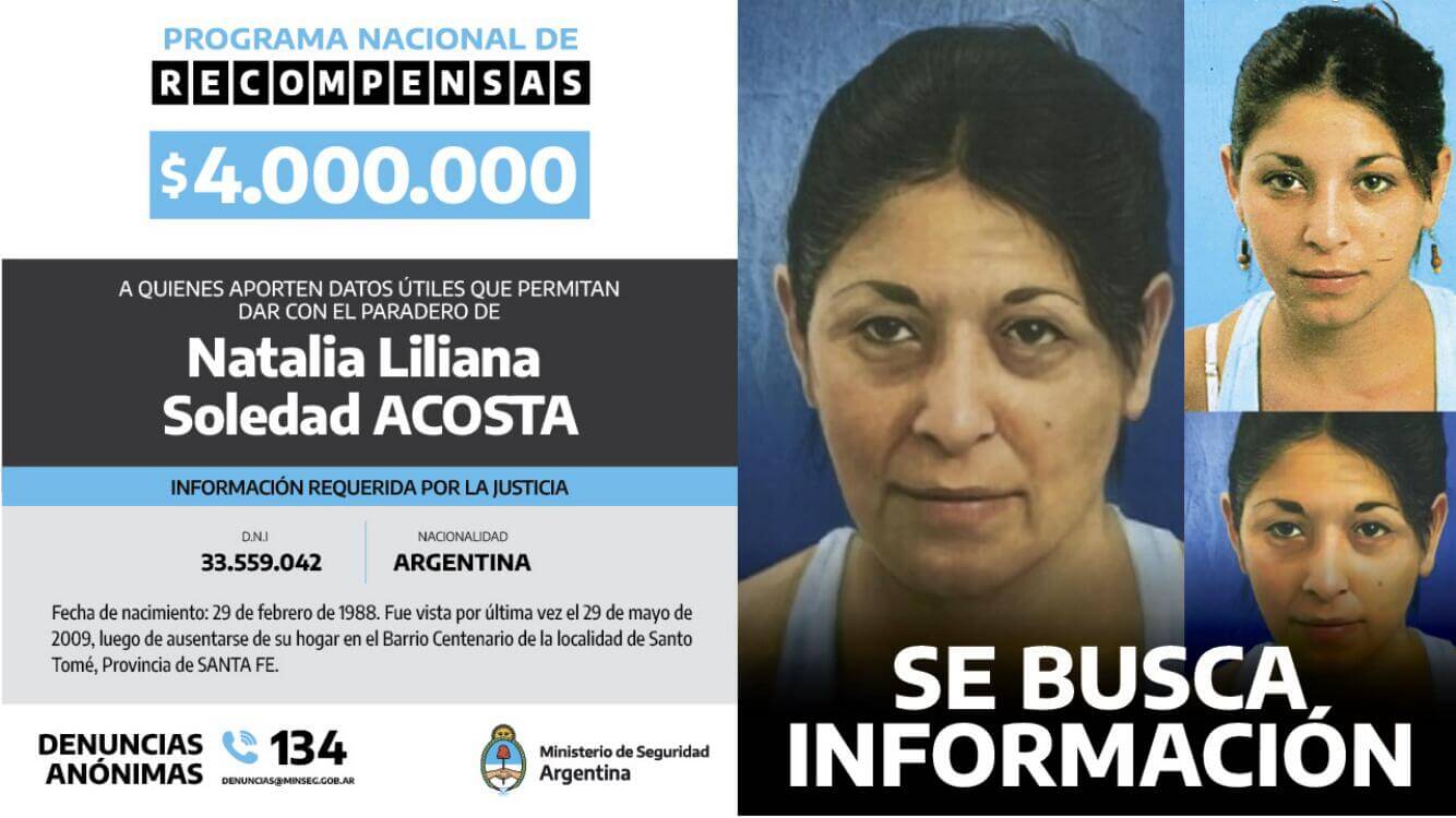 Lee más sobre el artículo Se ofrece recompensa a quienes aporten datos sobre Natalia Liliana Soledad Acosta
