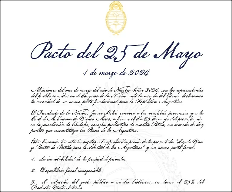 Lee más sobre el artículo Los 10 puntos del Pacto del 25 de Mayo, la propuesta fundacional que presentó Javier Milei ante la Asamblea Legislativa
